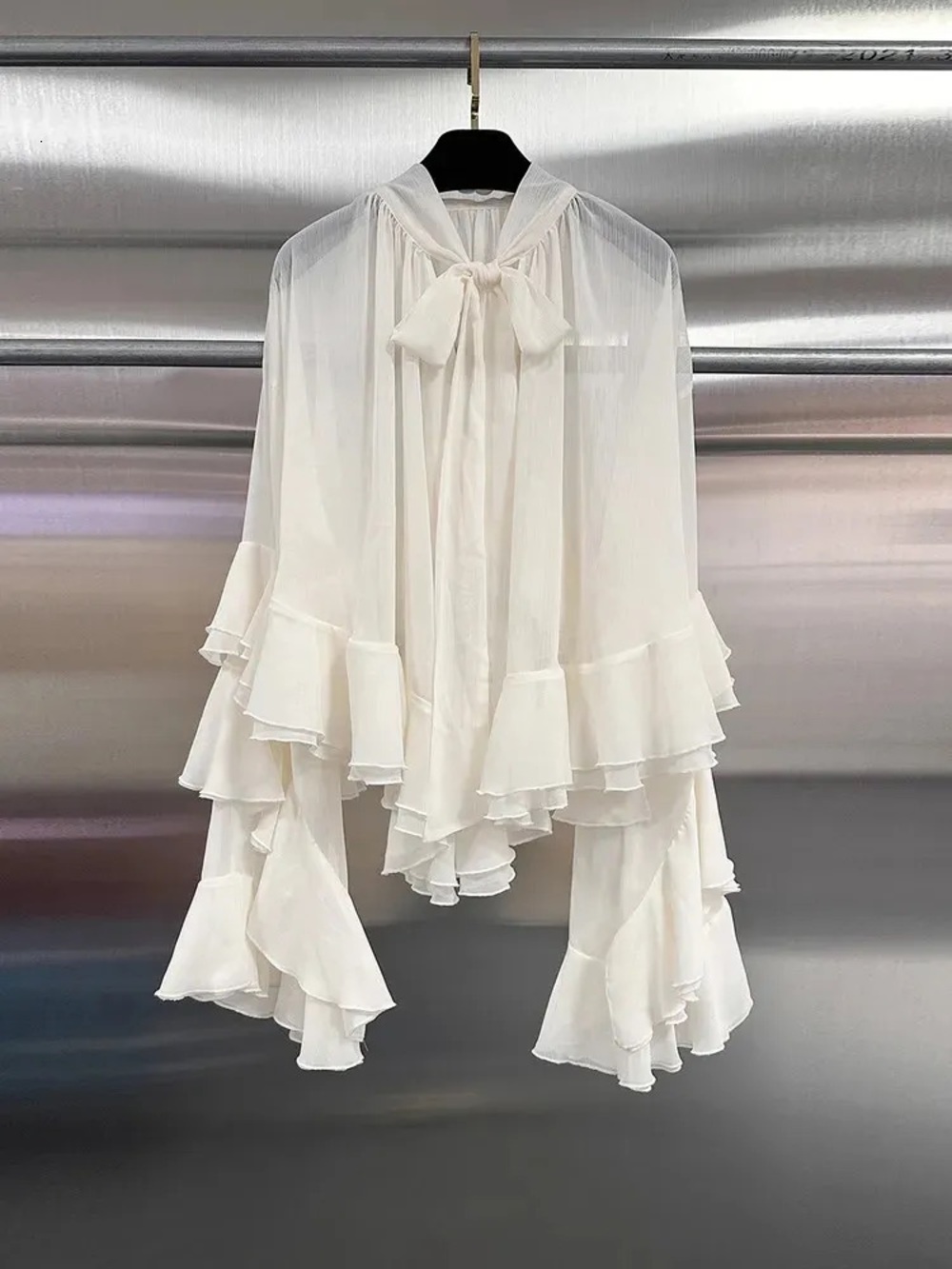 SHEIN White Ruffled Tie-Neck Sheer Blouse